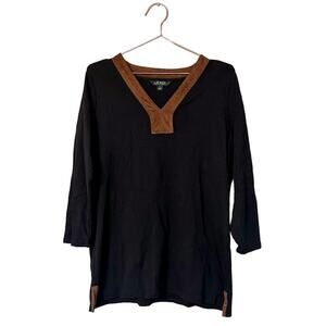 Lauren Ralph Lauren Black Brown Suede V Neckline Detail Knit Blouse Women